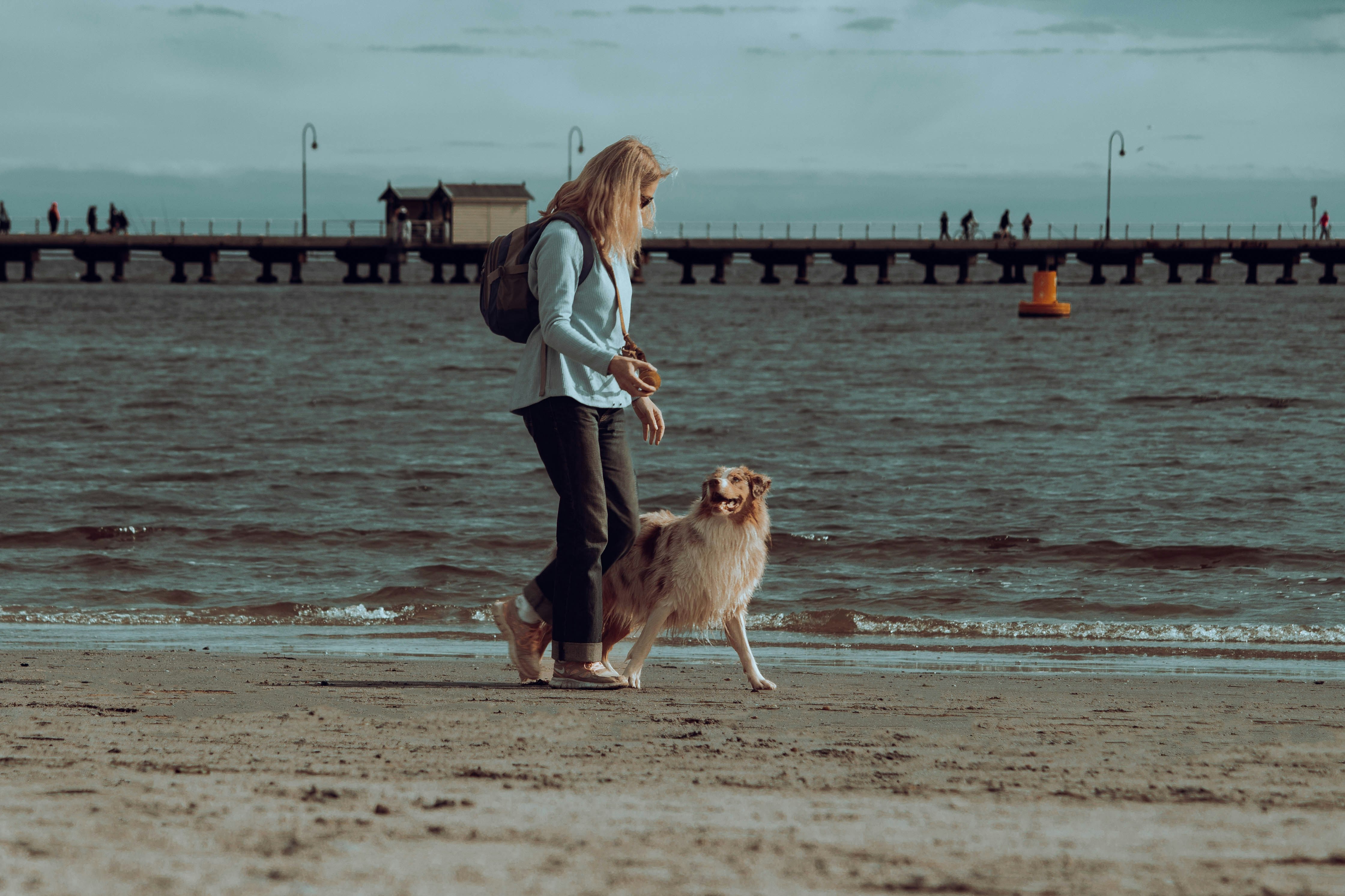 a woman walking with her dog down the beach