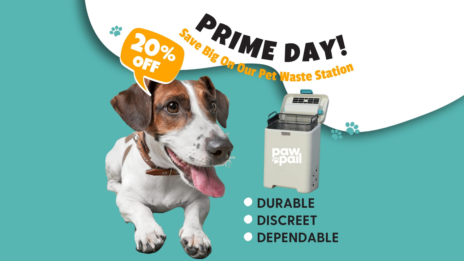 a puppy next to a paw pail for prime day